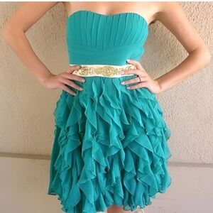 Nordstrom Elegant Designer Teal Sweath Ruffled Sweatheart Strapless Dress